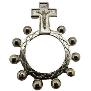 Vintage Rosary Finger Ring Pocket Prayer Marked Italy INRI Crucifix Silver Tone